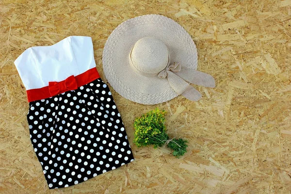 Plana Leigos Roupas Layout Acessórios Verão Polka Dot Mini Vestido — Fotografia de Stock