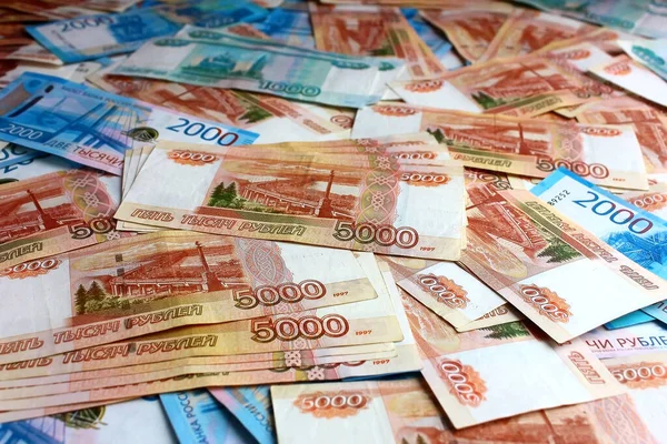 Billetes Dinero Rusos Proporcionaron Antecedentes Denominaciones Billete 5000 Cinco 1000 — Foto de Stock