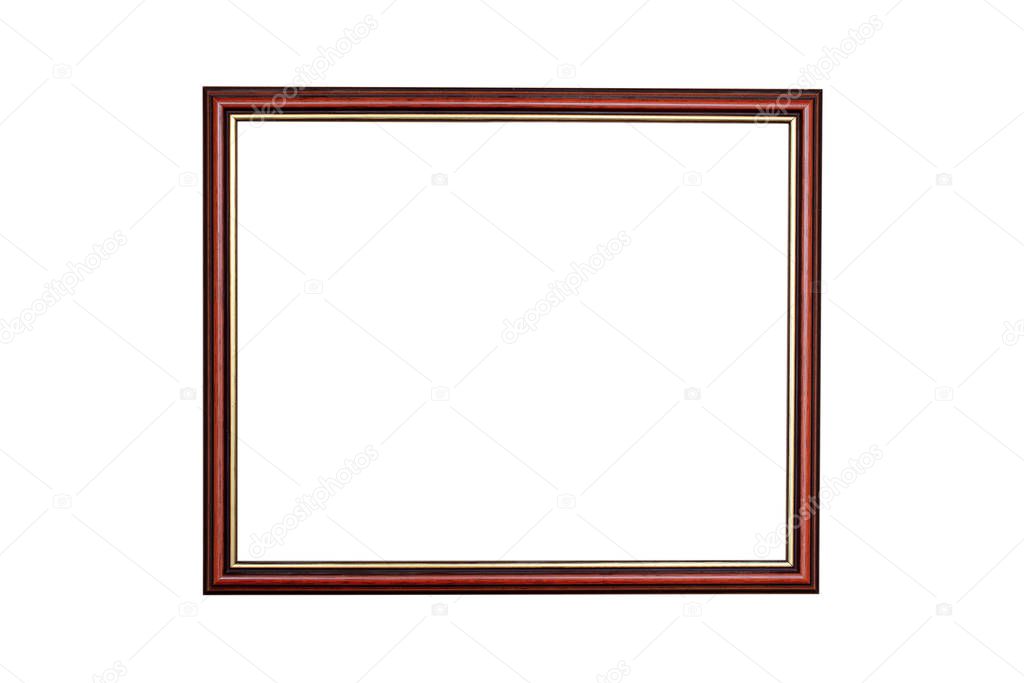 Mahogany and gold wooden picture frame on white background 