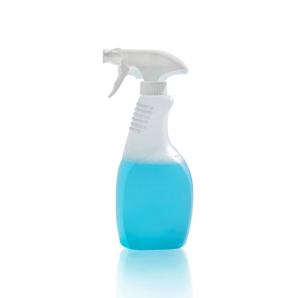 Frasco Spray Detergente Azul Isolado Sobre Fundo Branco Com Caminho — Fotografia de Stock