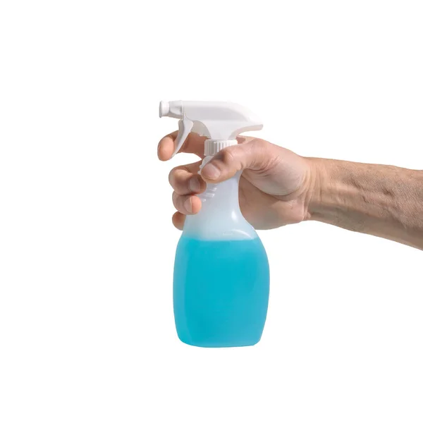 Mão Homem Segurando Frasco Spray Detergente Azul Isolado Fundo Branco — Fotografia de Stock