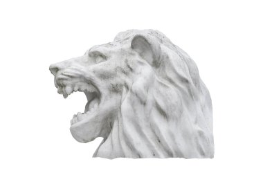 Soyut taş aslan başı heykeli, kesme yolu olan beyaz arkaplanda izole edilmiş..