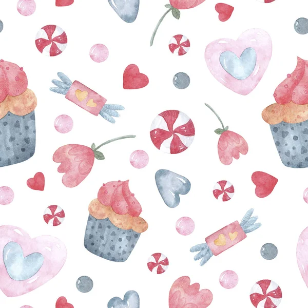 Naadloos Romantisch Patroon Met Aquarel Cupcakes Snoepjes Snoepjes Hartjes Ideaal — Stockfoto