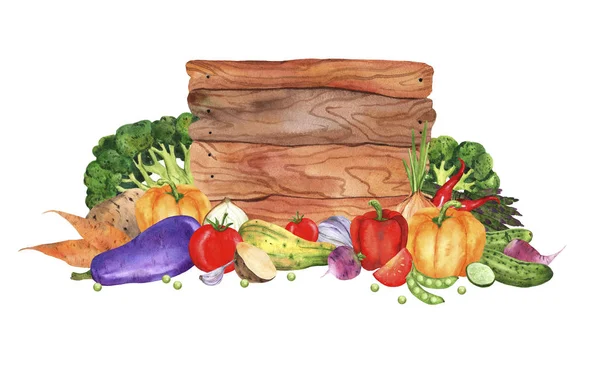 Composition Bright Watercolor Vegetables Hand Drawn Wooden Board White Background — Stock Photo, Image
