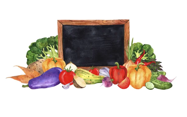 Composition Bright Watercolor Vegetables Chalk Board Hand Drawn White Background — Stock Photo, Image