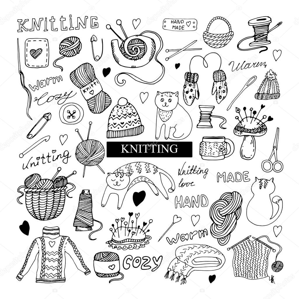 Vector elements of knitting, knitting needles, hooks, clews, seals, sweaters, mittens, basket, pins, spools of thread, yarn, scissors for decoration and design of printing, textiles, cards, coloring books, paper and any ideas