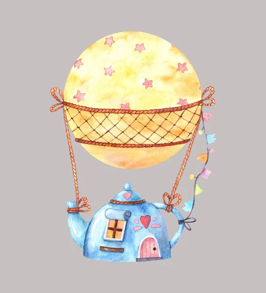 Watercolor Hot Air Balloon Teapot Travel Instead Basket Design Design — 스톡 사진