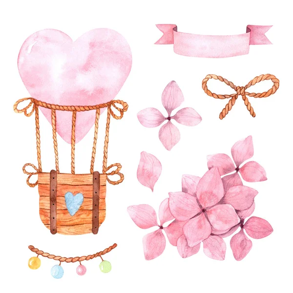 Akvarell Elemek Rózsaszín Hortenzia Virágok Szirmok Hőlégballon Koszorú Golyókkal Kötél — Stock Fotó