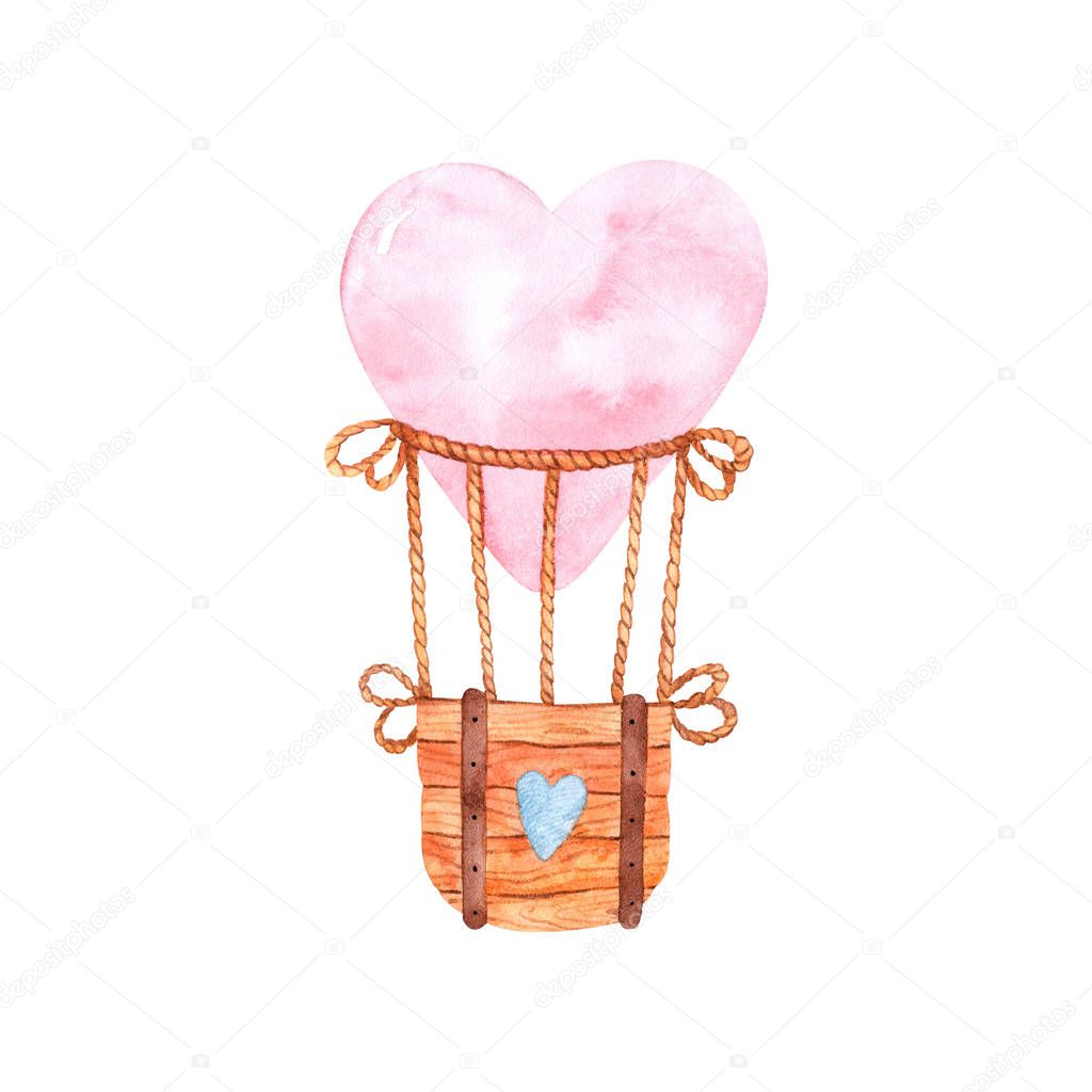Watercolor hot air balloon with a balloon in the form of a pink heart for decoration and design of printing, textiles, cards, clothes, paper and any ideas