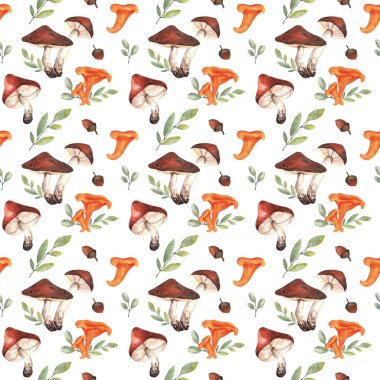 Kartpostal, tekstil, kumaş, baskı ve herhangi bir tasarım tasarımı için suluboya mantarlı, chanterelles, dal ve sonbahar yapraklı kusursuz desen