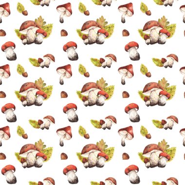 Kartpostal, tekstil, kumaş, kumaş, baskı ve herhangi bir tasarım için farklı boyutlarda suluboya mantarları, fındık, dal ve sonbahar yaprakları içeren kusursuz desen.