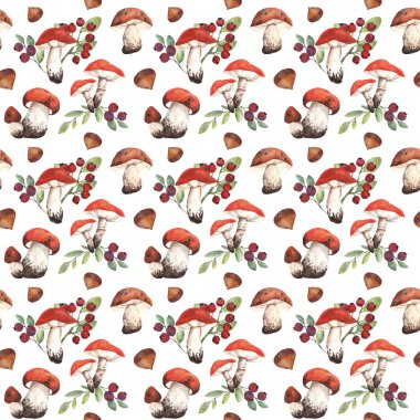 Kartpostal, tekstil, kumaş, baskı ve herhangi bir tasarım tasarımı için suluboya mantarlı, chanterelles, dal ve sonbahar yapraklı kusursuz desen