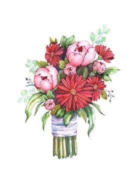 Şakayıklı suluboya buket, kasımpatı ve lavanta saten kurdeleyle süslenmiş okaliptüs. Dekorasyon, tebrik kartları ve tasarım için uygun.