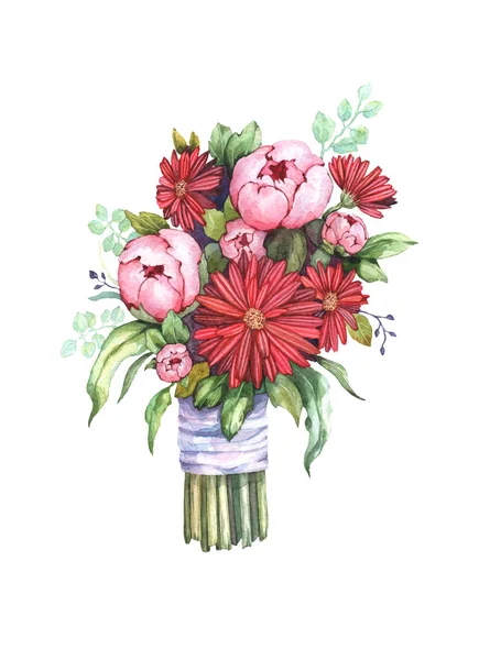 Şakayıklı suluboya buket, kasımpatı ve lavanta saten kurdeleyle süslenmiş okaliptüs. Dekorasyon, tebrik kartları ve tasarım için uygun.