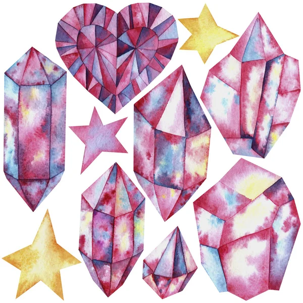 Akvarell Elemek Rózsaszín Kristályok Csillagok Dekoráció Design Csomagolás Textil Nyomtatás — Stock Fotó