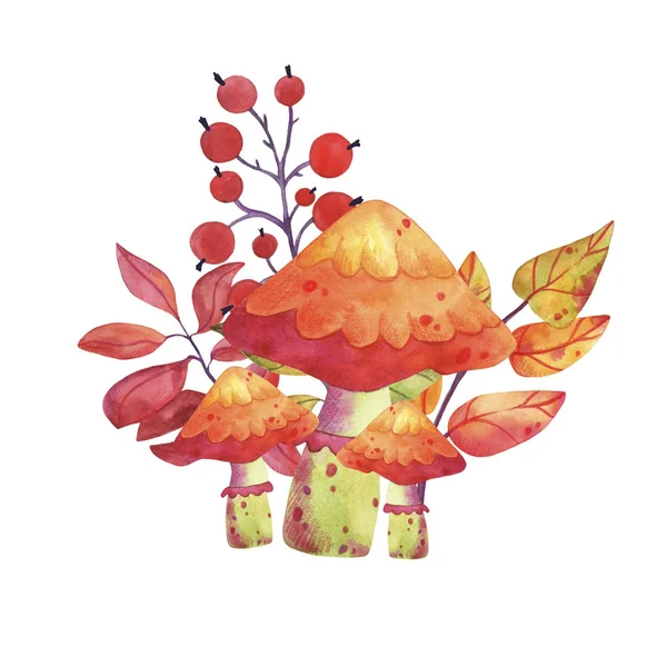 Autumn Composition Bright Watercolor Mushrooms Branches Decoration Design Packaging Textiles — Stock Photo, Image