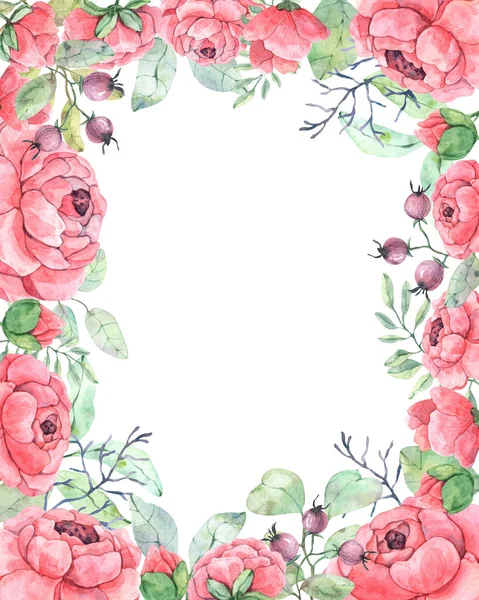 Delicate floral frame with watercolor peonies, leaves, twigs and buds for the design of postcards, printing, linen, fabrics, souvenirs and any design