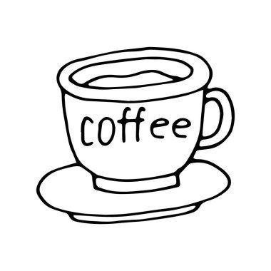 Üzerinde vektör yazılı kahve olan küçük bir kahve fincanı sosyal ağ simgeleri, logolar, kartlar, baskılar, tasarım ve herhangi bir tasarım için uygundur.