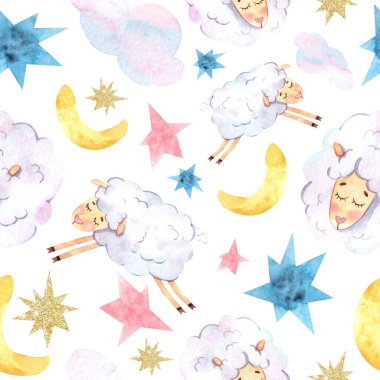 Uyuyan kuzularla kusursuz suluboya deseni, renkli yıldızlar ve sarı ay kumaş, baskı, duvar kağıdı, bebek örtüsü ve tekstil ürünleri, hatıra eşyaları, kapaklar ve albüm kağıdı için uygundur..