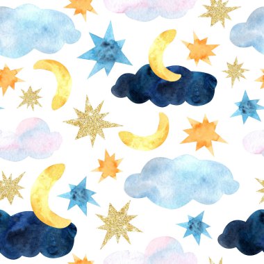 Bulutlu kusursuz suluboya deseni, çok renkli yıldızlar ve ay kumaş, baskı, duvar kağıdı, bebek örtüsü ve tekstil ürünleri, hatıra eşyaları, kapaklar ve albüm kağıdı için uygundur.