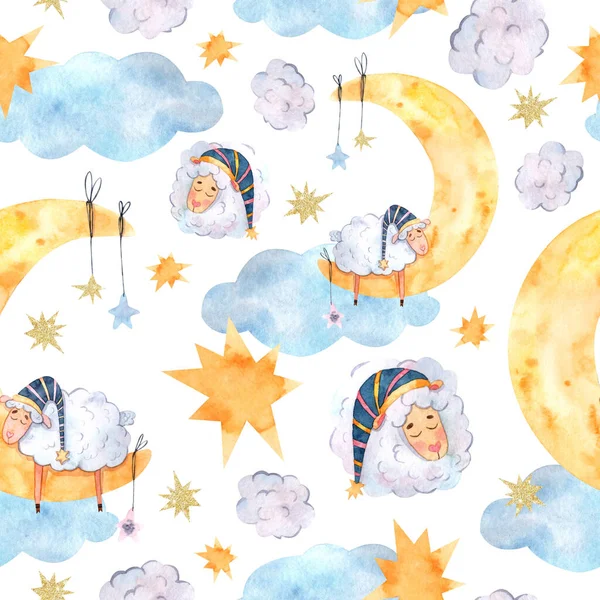 无缝制的水彩图案 头戴睡帽的羊羔 五颜六色的星星和黄色的月亮 适用于面料 婴儿用品和纺织品 纪念品 封面和剪贴簿纸 — 图库照片