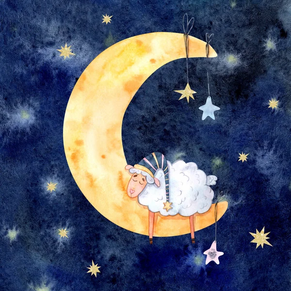 一个可爱的构图 一只熟睡的羊睡在黄月上 夜空中点缀着星星 非常适合面料 婴儿用品和纺织品 纪念品 封面和剪贴簿纸的设计 — 图库照片