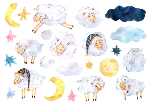 Κλιπ Χαριτωμένο Ακουαρέλα Διαφορετικά Πρόβατα Αστέρια Σύννεφα Φεγγάρια Και Κομμάτια — Φωτογραφία Αρχείου