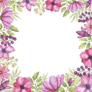 Pembe ve yeşil renklerde suluboya elementlerin güzel çerçevesi. Kartvizitler, davetiyeler ve tasarım için uygun