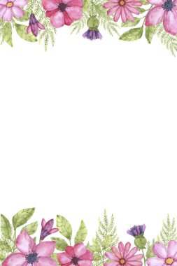 Pembe ve yeşil renklerde suluboya elementlerin güzel çerçevesi. Kartvizitler, davetiyeler ve tasarım için uygun.