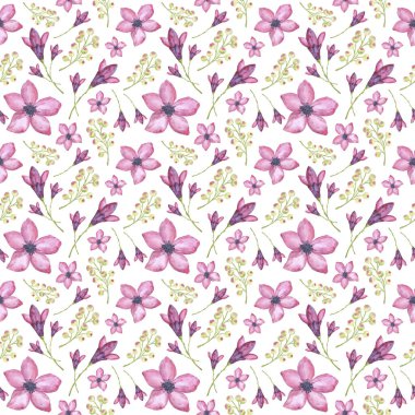 Elle çizilmiş suluboya elementler, çiçekler ve dallardan oluşan güzel, dikişsiz bir desen. Hassas pembe çiçekli arka plan fabrika tekstil ve dekoratif kağıt tasarımları için mükemmeldir..