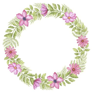 Pembe ve yeşil renklerde suluboya elementlerden oluşan narin bir çiçek çelengi. Kartvizitler, davetiyeler ve tasarım için uygun.