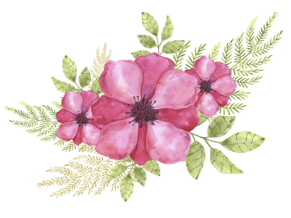 Eine Zarte Komposition Von Aquarellblumen Rosa Und Grünen Farben Ideal — Stockfoto