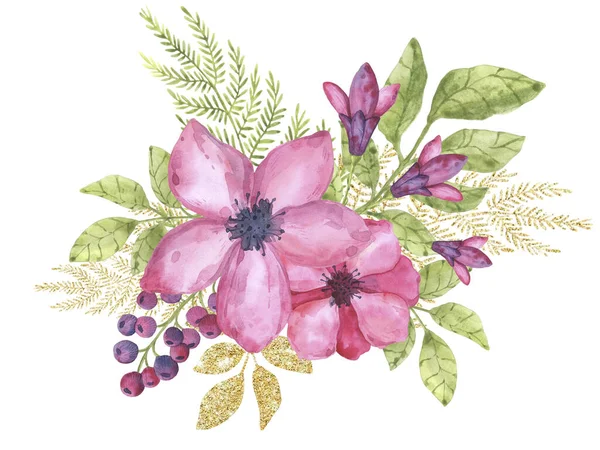 Eine Zarte Komposition Von Aquarellblumen Rosa Und Grünen Farben Ideal — Stockfoto