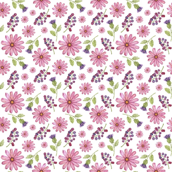 Floral Cute Seamless Pattern Hand Drawn Watercolor Elements Flowers Twigs — 스톡 사진
