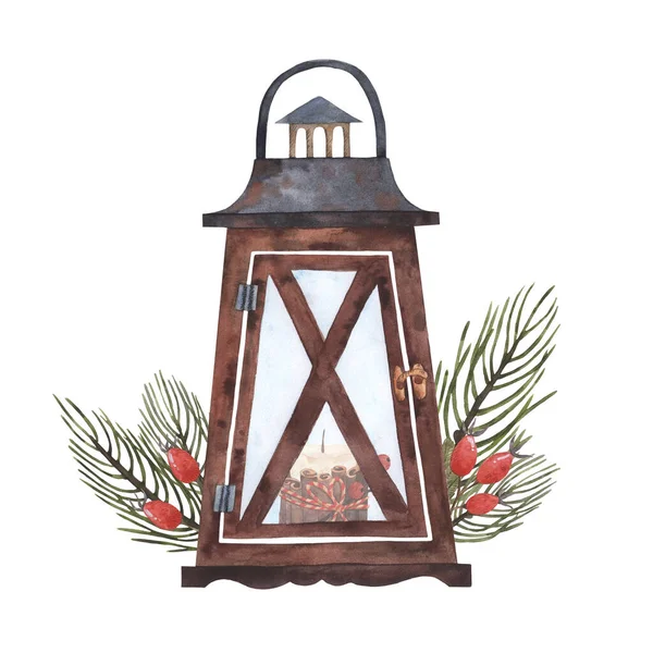 Aquarell Laterne Vintage Lampe Für Das Neue Jahr Und Weihnachten — Stockfoto
