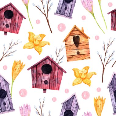 Suluboya çiçekleri, kuş evleri, amcık söğüt dalları ve renkli bezelyeler ile kusursuz bir paskalya deseni kağıt, kumaş, ambalaj, hediyelik eşya, tekstil ve daha fazlası için mükemmeldir.