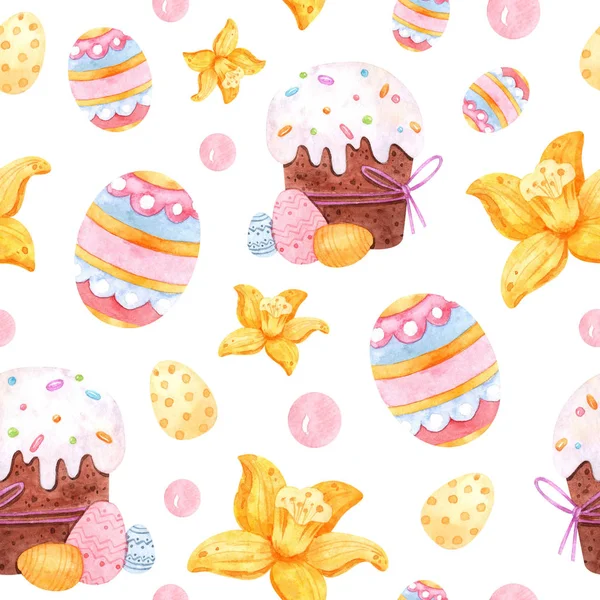 Naadloos Paaspatroon Met Aquarelcupcakes Met Glazuur Topping Bloemen Gekleurde Eieren — Stockfoto
