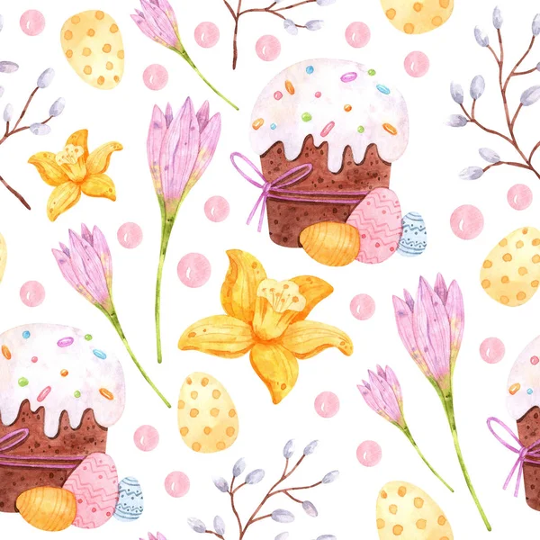 Seamless easter pattern with watercolor flowers and colored eggs is perfect for the design of paper, fabrics, packaging, souvenirs, textiles, gifts and more