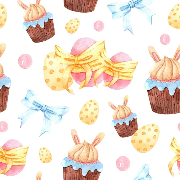 Modèle Pâques Sans Couture Avec Des Cupcakes Aquarelle Avec Glaçage — Photo