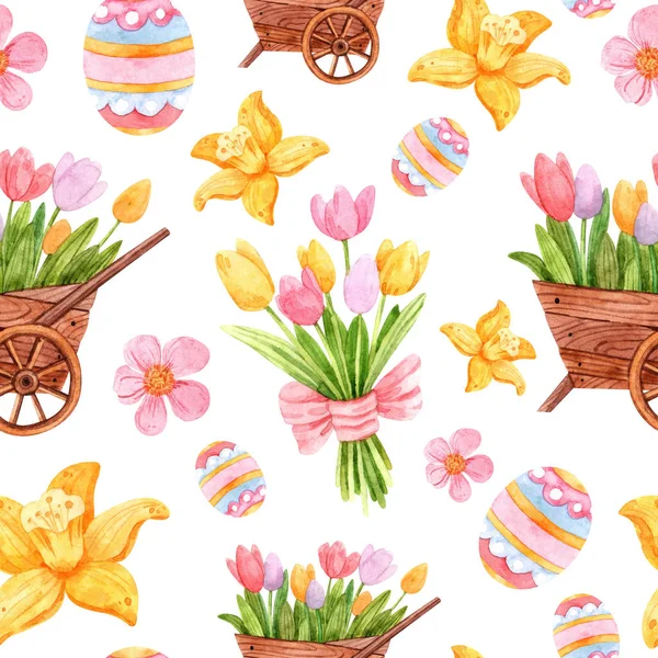 Zökkenőmentes Húsvéti Minta Akvarell Csokrok Virágok Egy Talicska Virágok Színes — Stock Fotó