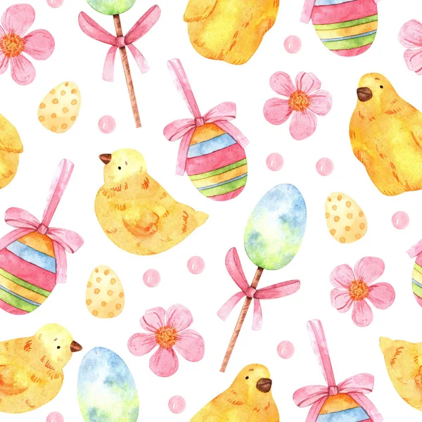 Zökkenőmentes Húsvéti Minta Akvarell Virágok Csirkék Cukornád Színes Tojás Tökéletes — Stock Fotó