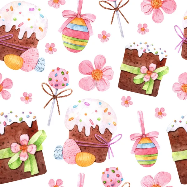 Nahtloses Ostermuster Mit Aquarell Cupcakes Mit Zuckerguss Und Belag Blumen — Stockfoto