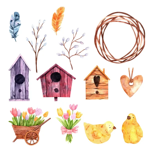 Watercolor Easter Elements Birdhouses Feathers Wreath Pussy Willow Branches Chickens — Stockfoto
