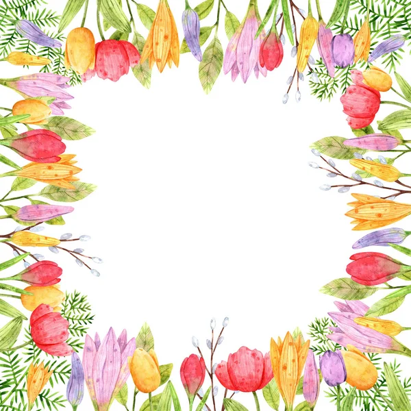 Netter Quadratischer Rahmen Aus Aquarell Gartenblumen Für Dekoration Und Gestaltung — Stockfoto