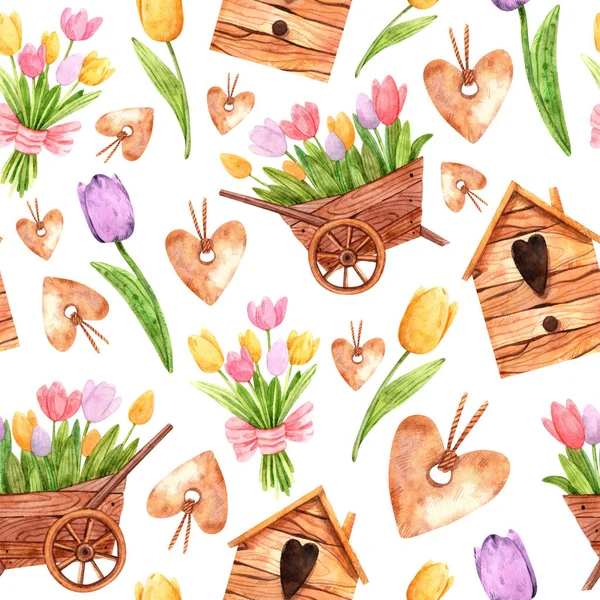 Seamless pattern with watercolor easter elements for decoration and design of printing, greeting cards, fabrics, textiles, holidays, wallpapers, paper and scrapbook elements