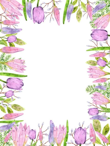 Cute rectangular frame of watercolor garden flowers for decor and design of printing, greeting cards, fabrics, textiles, holidays, wallpapers, paper and scrapbook elements
