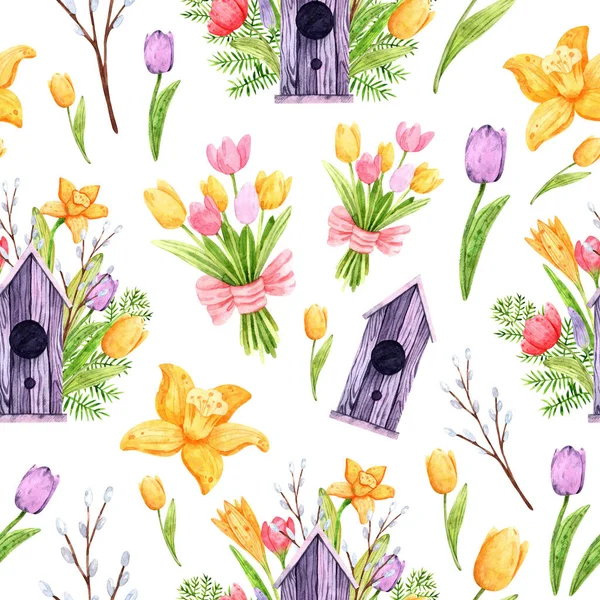 Seamless pattern with watercolor easter elements for decoration and design of printing, greeting cards, fabrics, textiles, holidays, wallpapers, paper and scrapbook elements