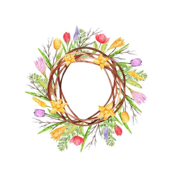 Wicker Wreath Watercolor Willow Branches Garden Flowers Decor Design Printing — Stock Photo, Image