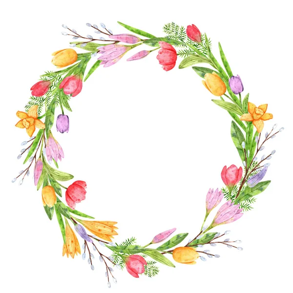 Wicker Wreath Watercolor Branches Garden Flowers Decoration Design Printing Greeting — Stock Photo, Image