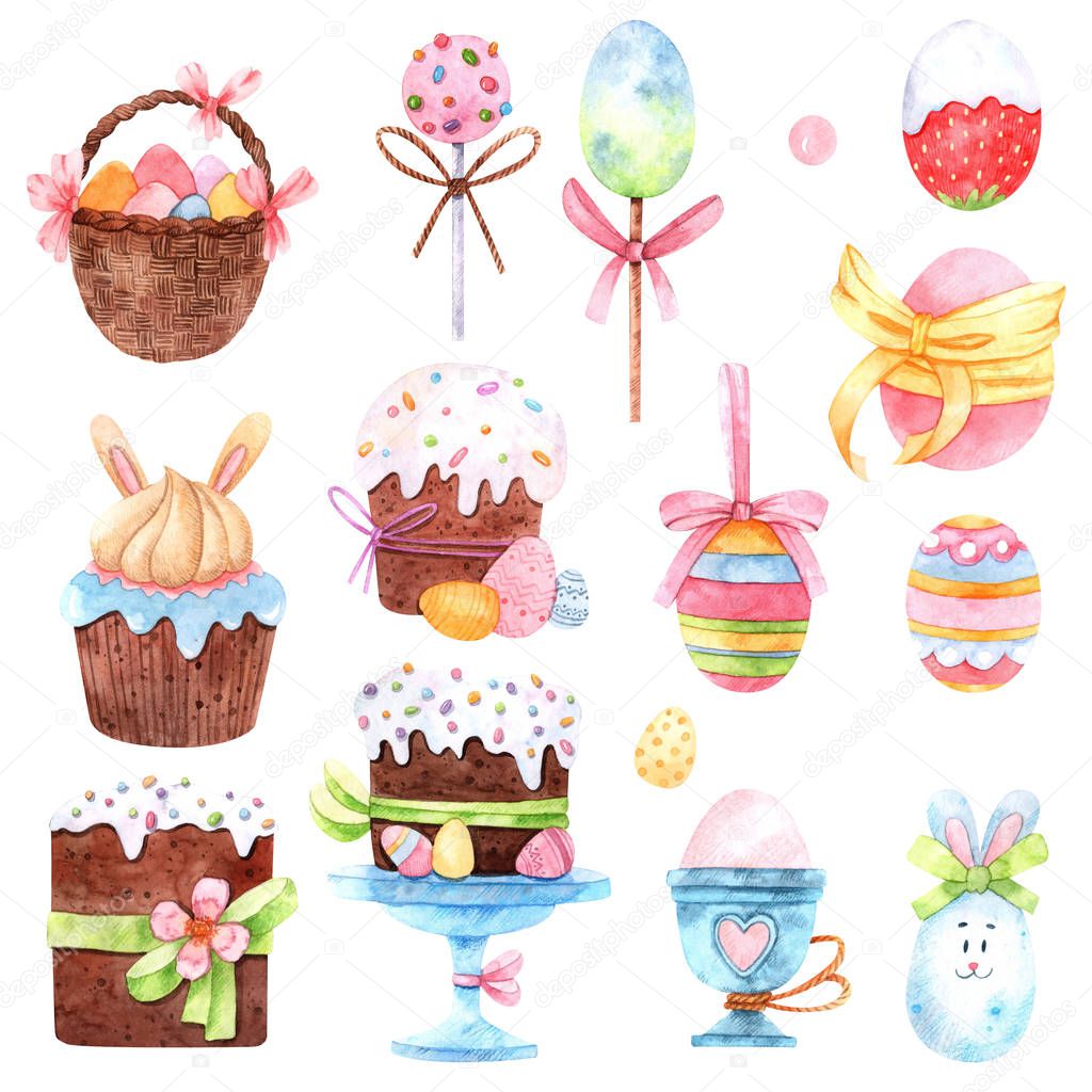 Watercolor Easter elements. Cupcakes with sprinkles, painted eggs, lollipops with ribbons for decor and design of printing, cards, fabrics, textiles, holidays, wallpapers, paper and scrapbook elements